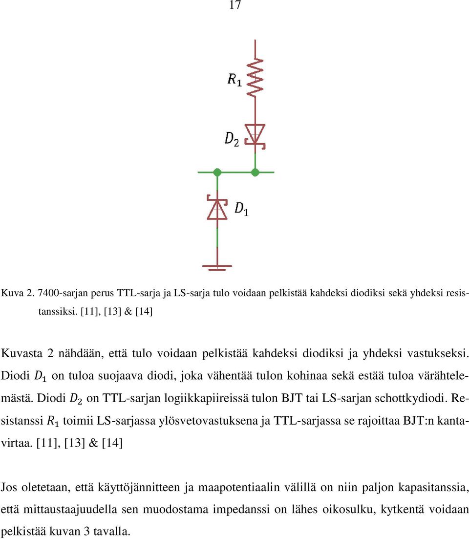 Diodi D 1 on tuloa suojaava diodi, joka vähentää tulon kohinaa sekä estää tuloa värähtelemästä. Diodi D 2 on TTL-sarjan logiikkapiireissä tulon BJT tai LS-sarjan schottkydiodi.