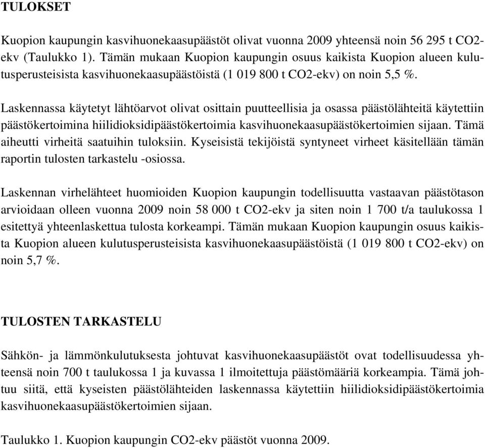 Laskennassa käytetyt lähtöarvot olivat osittain puutteellisia ja osassa päästölähteitä käytettiin päästökertoimina hiilidioksidipäästökertoimia kasvihuonekaasupäästökertoimien sijaan.