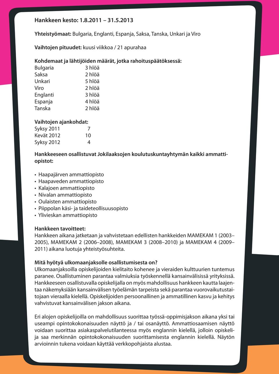 hlöä Saksa 2 hlöä Unkari 5 hlöä Viro 2 hlöä Englanti 3 hlöä Espanja 4 hlöä Tanska 2 hlöä Vaihtojen ajankohdat: Syksy 2011 7 Kevät 2012 10 Syksy 2012 4 Hankkeeseen osallistuvat Jokilaaksojen