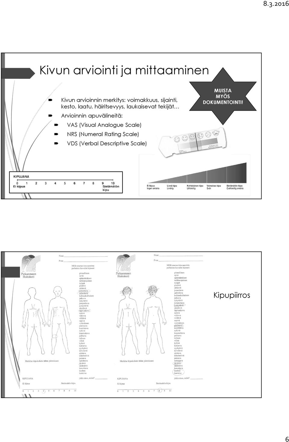 apuvälineitä: VAS (Visual Analogue Scale) NRS (Numeral Rating Scale)