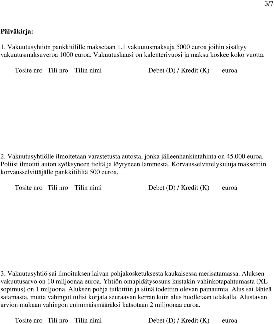 Korvausselvittelykuluja maksettiin korvausselvittäjälle pankkitililtä 500 euroa. 3. Vakuutusyhtiö sai ilmoituksen laivan pohjakosketuksesta kaukaisessa merisatamassa.