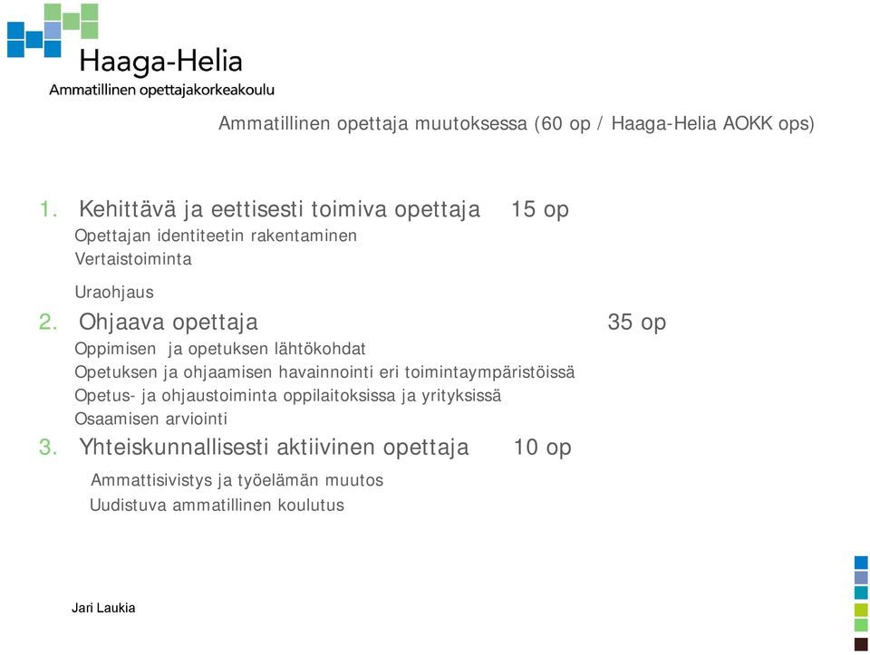 Ohjaava opettaja 35 op Oppimisen ja opetuksen lähtökohdat Opetuksen ja ohjaamisen havainnointi eri toimintaympäristöissä