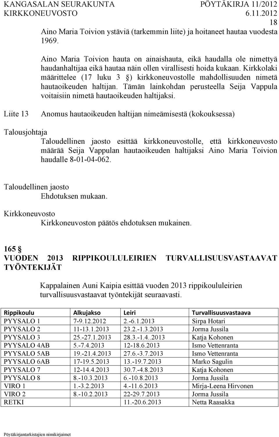 Kirkkolaki määrittelee (17 luku 3 ) kirkkoneuvostolle mahdollisuuden nimetä hautaoikeuden haltijan. Tämän lainkohdan perusteella Seija Vappula voitaisiin nimetä hautaoikeuden haltijaksi.