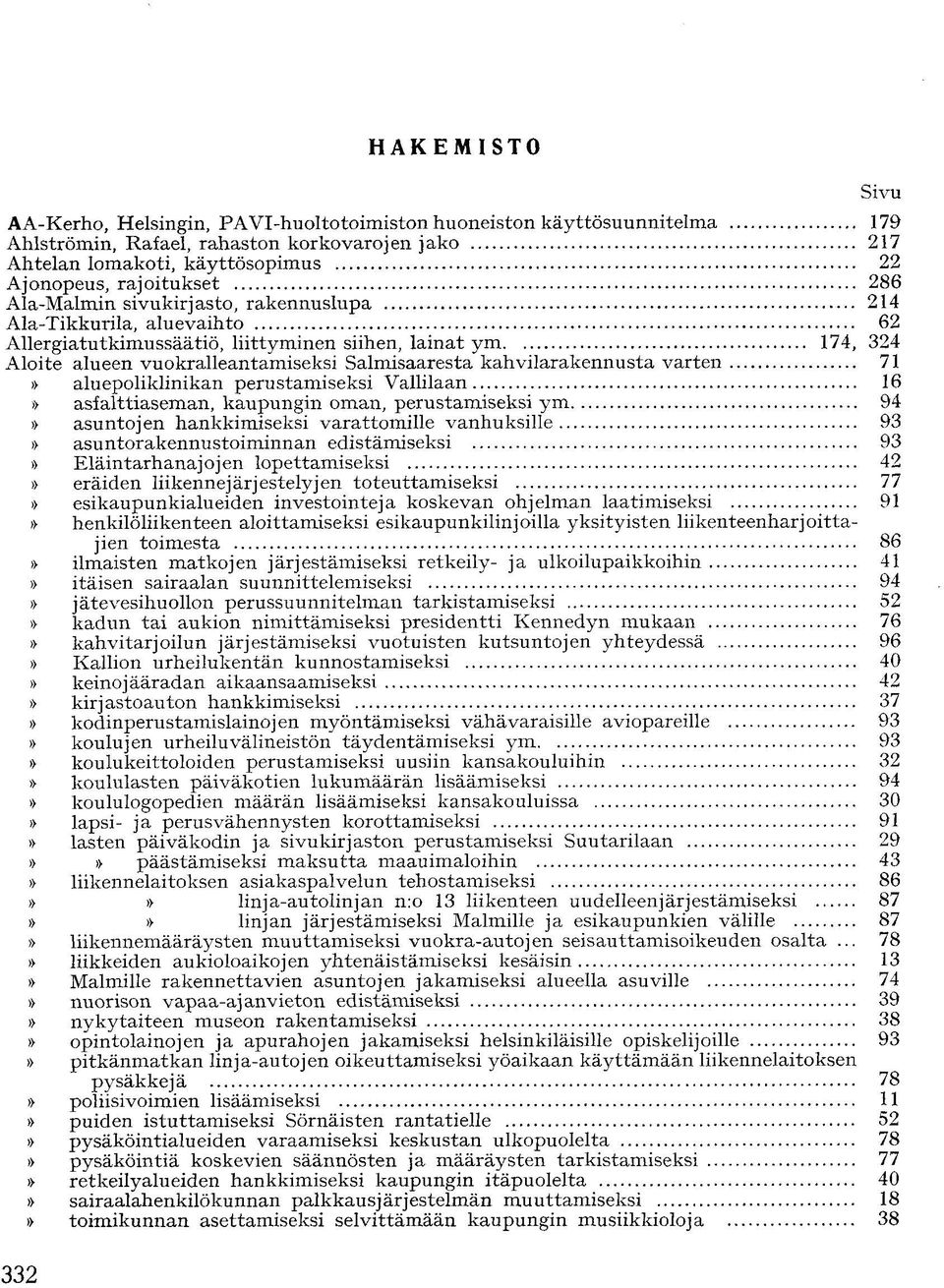 kahvilarakennusta varten 71 aluepoliklinikan perustamiseksi Vallilaan 16 asfalttiaseman, kaupungin oman, perustamiseksi ym 94 asuntojen hankkimiseksi varattomille vanhuksille 93