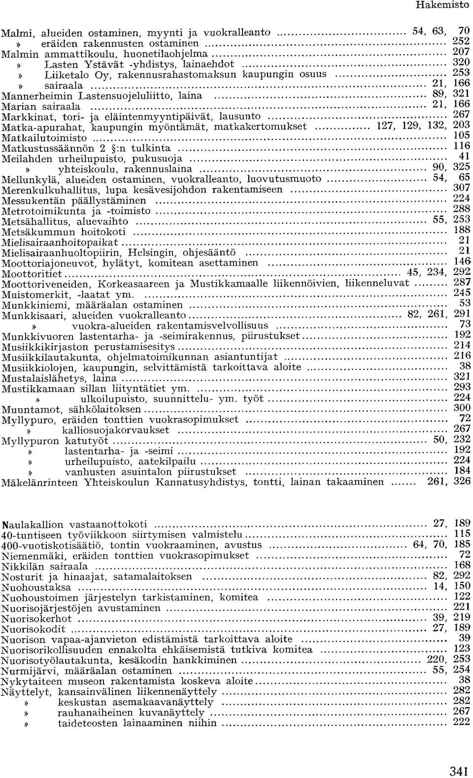 Matka-apurahat, kaupungin myöntämät, matkakertomukset 127, 129, 132, 203 Matkailutoimisto 105 Matkustussäännön 2 :n tulkinta 116 Meilahden urheilupuisto, pukusuoja 41 yhteiskoulu, rakennuslaina 90,