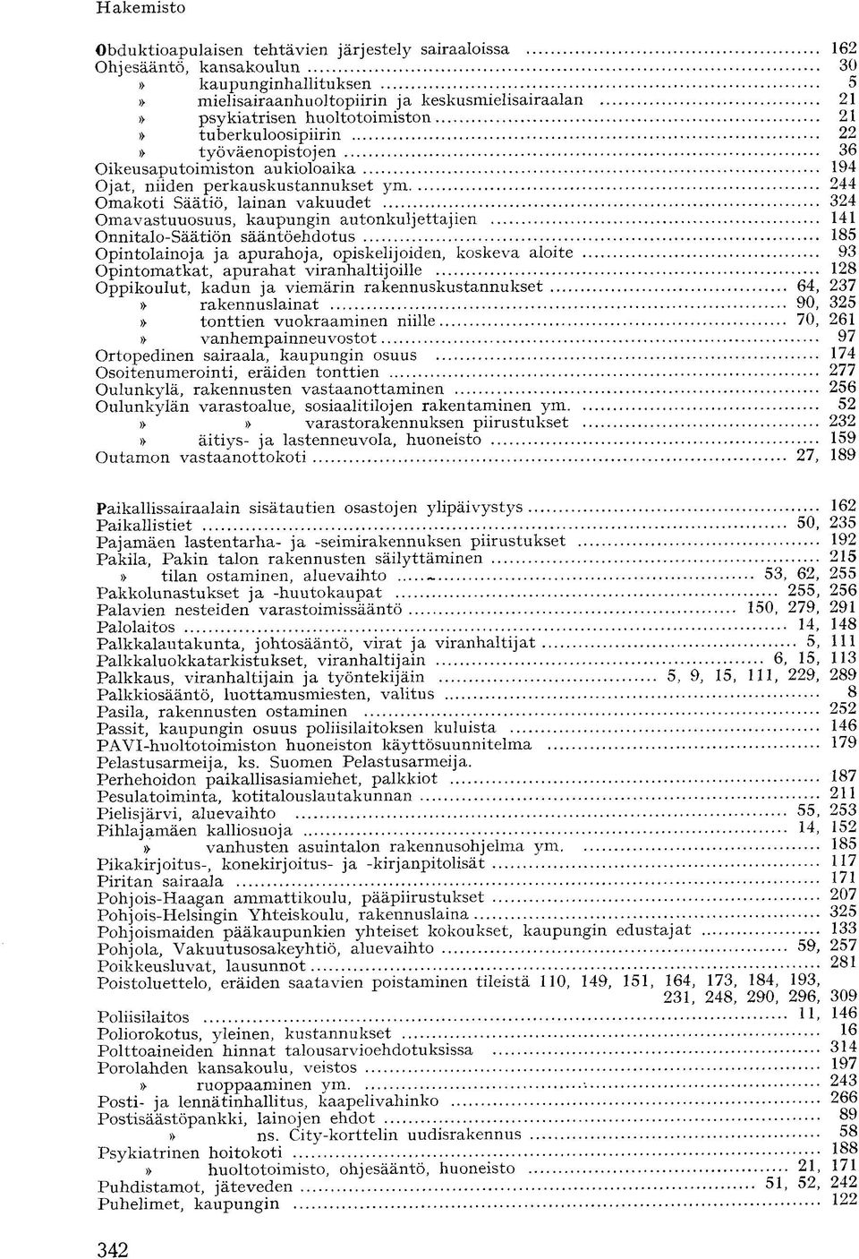 141 Onnitalo-Säätiön sääntöehdotus 185 Opintolainoja ja apurahoja, opiskelijoiden, koskeva aloite 93 Opintomatkat, apurahat viranhaltijoille 128 Oppikoulut, kadun ja viemärin rakennuskustannukset 64,