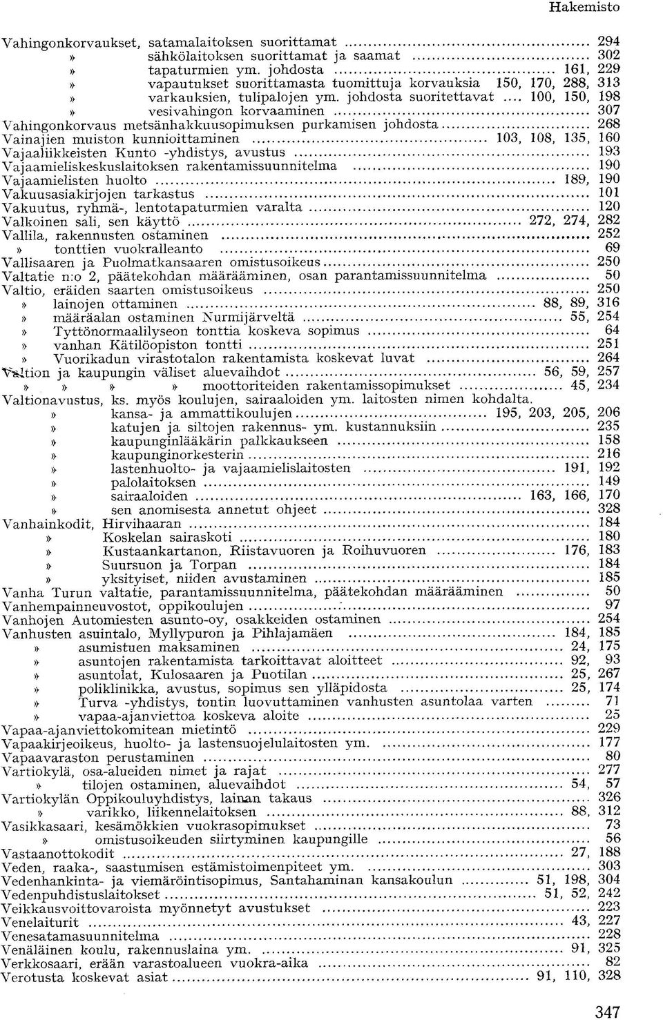 .. 100, 150, 198 vesivahingon korvaaminen 307 Vahingonkorvaus metsänhakkuusopimuksen purkamisen johdosta 268 Vainajien muiston kunnioittaminen 103, 108, 135, 160 Vajaaliikkeisten Kunto -yhdistys,