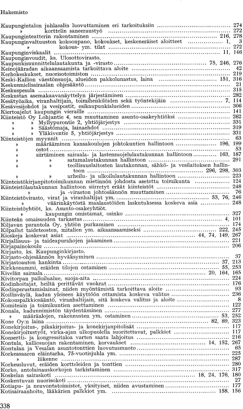 Kaupunkisuunnittelulautakunta ja -virasto 75, 246, 276 Keinojääradan aikaansaamista tarkoittava aloite 42 Kerhokeskukset, nuorisotoimiston 219 Keski-Kallion väestönsuoja, alueiden pakkolunastus,