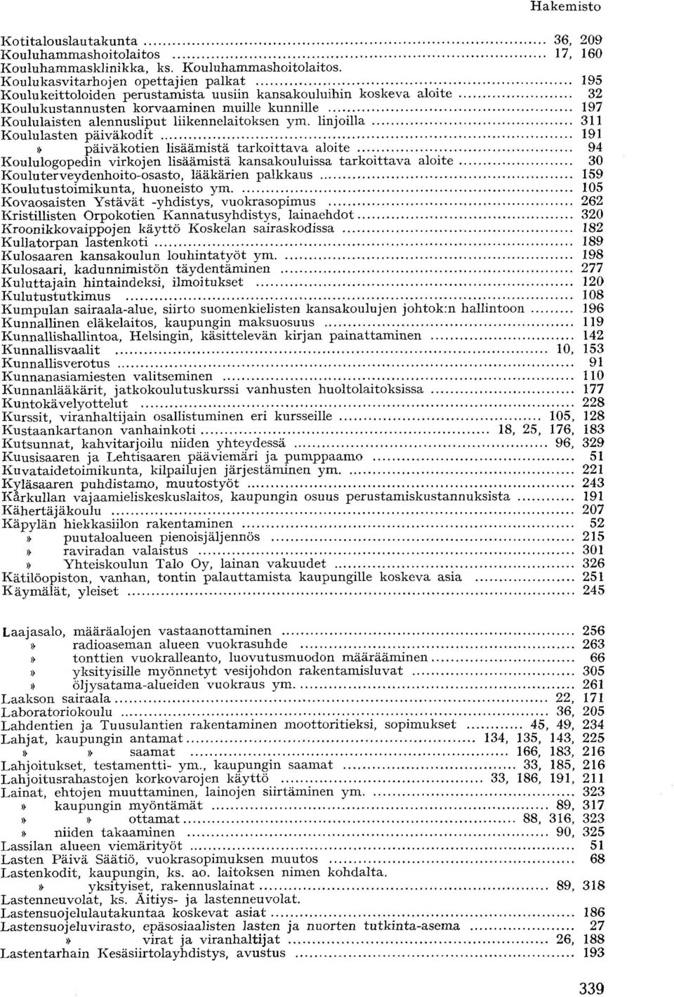 Koulu kasvi tarhojen opettajien palkat 195 Koulukeittoloiden perustamista uusiin kansakouluihin koskeva aloite 32 Koulukustannusten korvaaminen muille kunnille 197 Koululaisten alennusliput