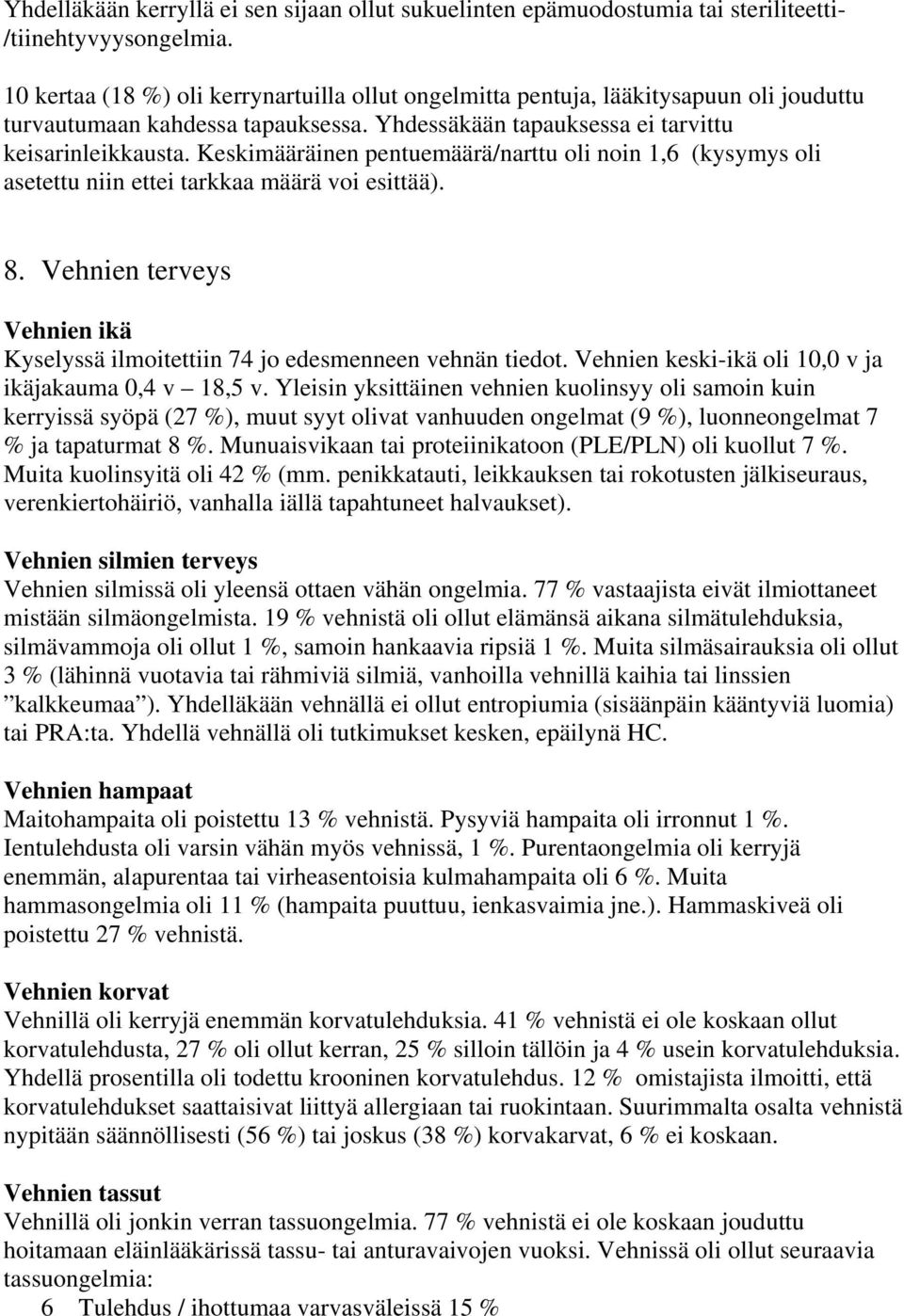 Keskimääräinen pentuemäärä/narttu oli noin 1,6 (kysymys oli asetettu niin ettei tarkkaa määrä voi esittää). 8. Vehnien terveys Vehnien ikä Kyselyssä ilmoitettiin 74 jo edesmenneen vehnän tiedot.