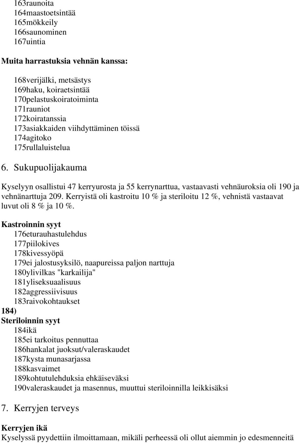 Kerryistä oli kastroitu 10 % ja steriloitu 12 %, vehnistä vastaavat luvut oli 8 % ja 10 %.