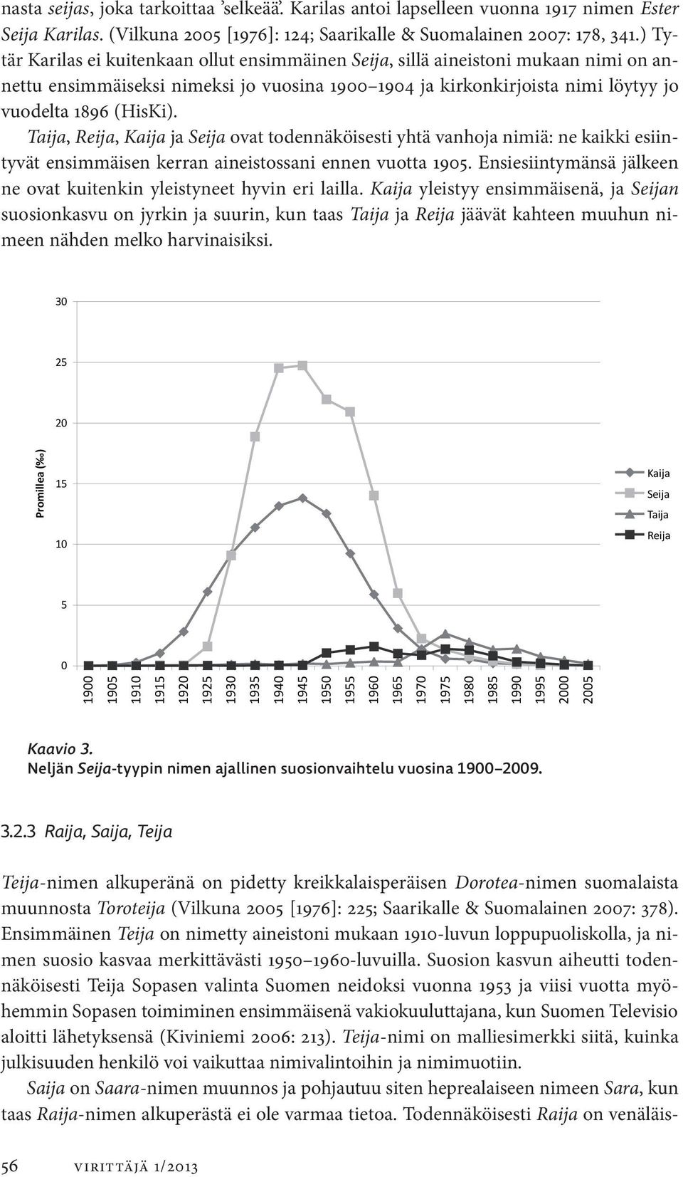 Taija, Reija, Kaija ja Seija ovat todennäköisesti yhtä vanhoja nimiä: ne kaikki esiintyvät ensimmäisen kerran aineistossani ennen vuotta 1905.