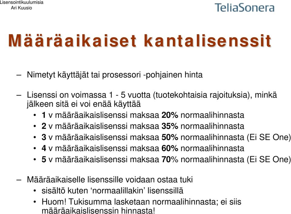 maksaa 50% normaalihinnasta (Ei SE One) 4 v määräaikaislisenssi maksaa 60% normaalihinnasta 5 v määräaikaislisenssi maksaa 70% normaalihinnasta (Ei SE One)