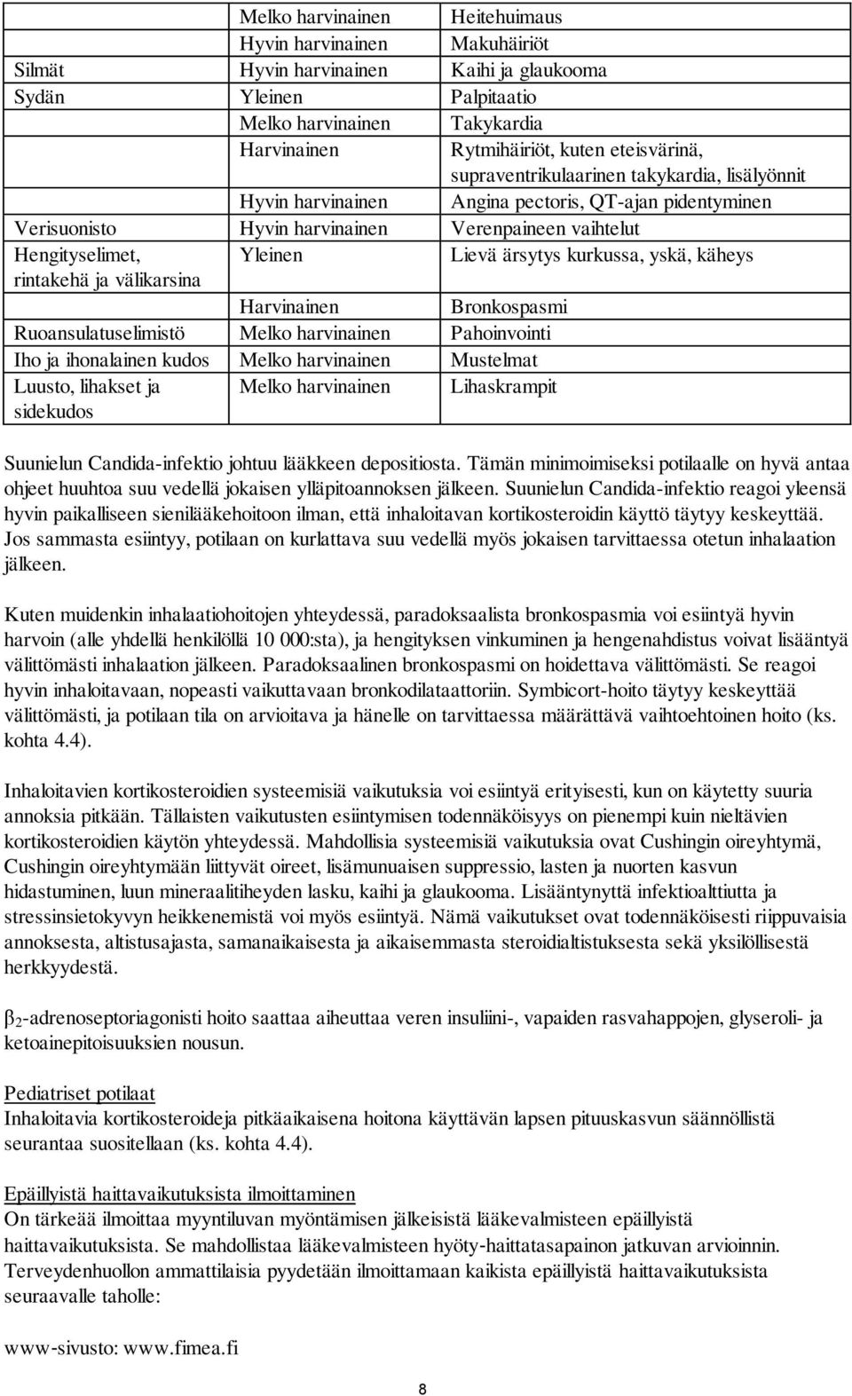 ärsytys kurkussa, yskä, käheys rintakehä ja välikarsina Harvinainen Bronkospasmi Ruoansulatuselimistö Melko harvinainen Pahoinvointi Iho ja ihonalainen kudos Melko harvinainen Mustelmat Luusto,