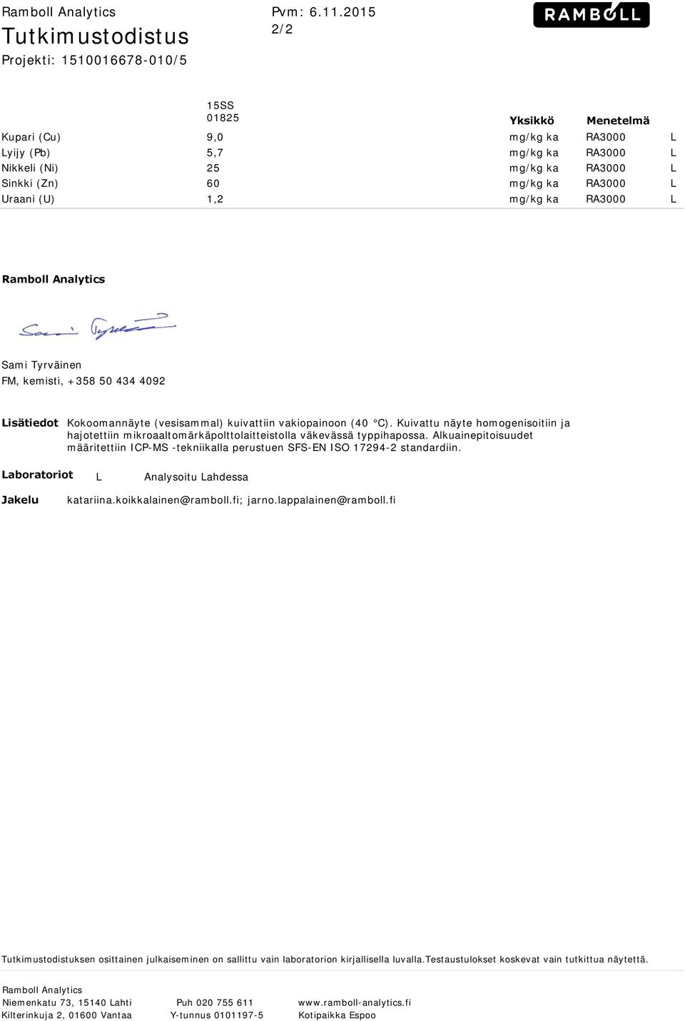 L 60 mg/kg ka RA3000 L 1,2 mg/kg ka RA3000 L Ramboll Analytics Sami Tyrväinen FM, kemisti, +358 50 434 4092 Tämä tutkimustodistus on allekirjoitettu sähköisesti ja varmennettu sertifikaatilla.