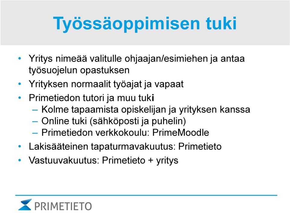tapaamista opiskelijan ja yrityksen kanssa Online tuki (sähköposti ja puhelin) Primetiedon