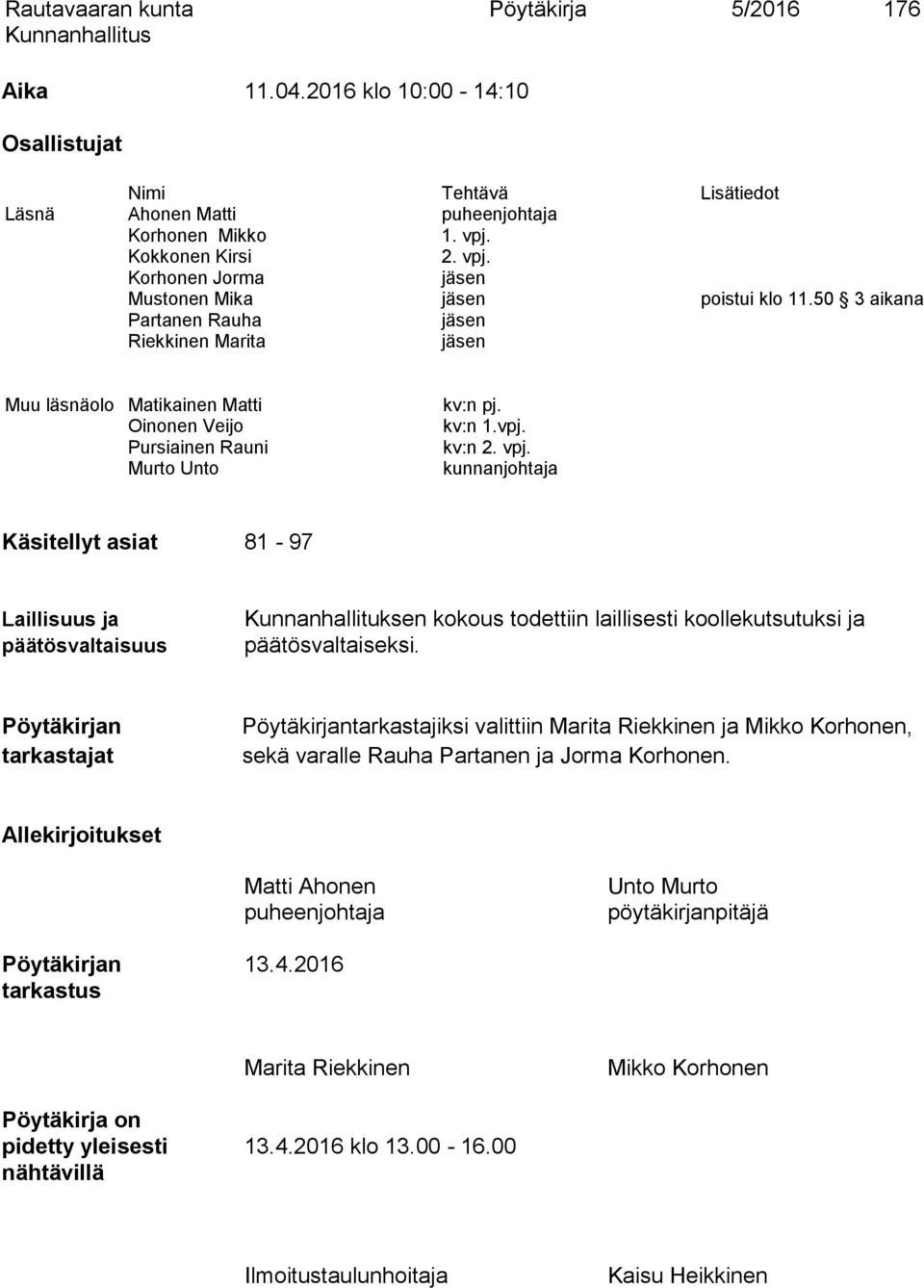 50 3 aikana Partanen Rauha jäsen Riekkinen Marita jäsen Muu läsnäolo Matikainen Matti Oinonen Veijo Pursiainen Rauni Murto Unto kv:n pj. kv:n 1.vpj. kv:n 2. vpj.