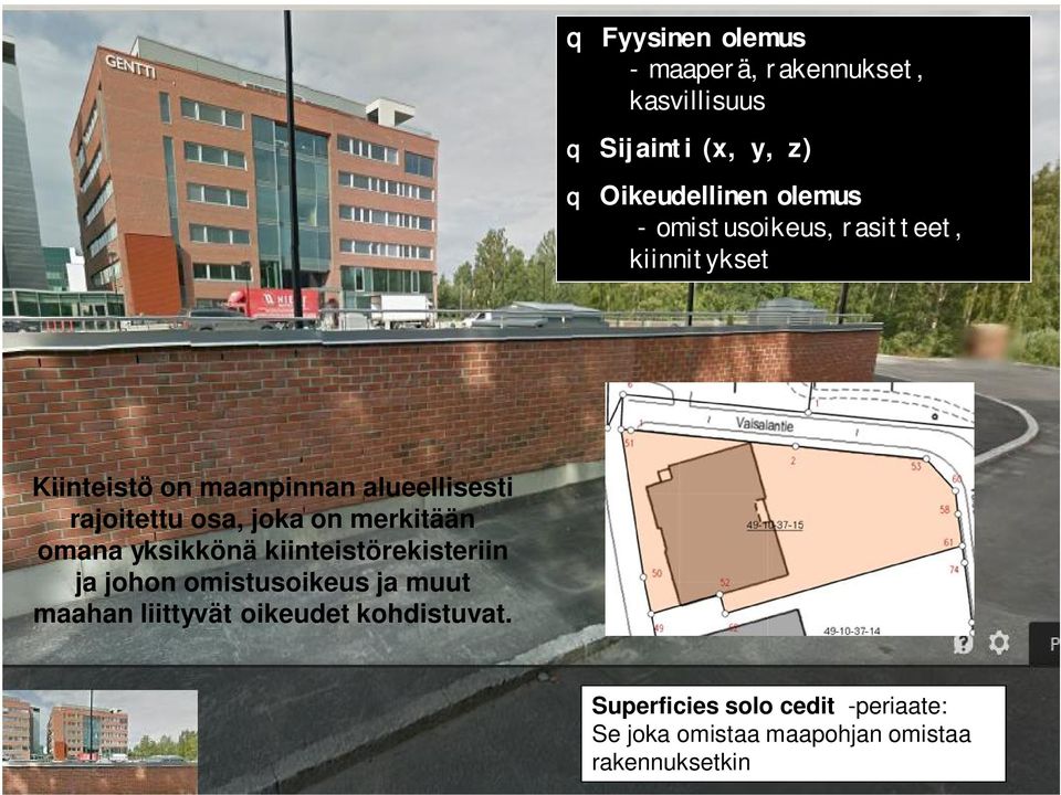 on merkitään omana yksikkönä kiinteistörekisteriin ja johon omistusoikeus ja muut maahan liittyvät