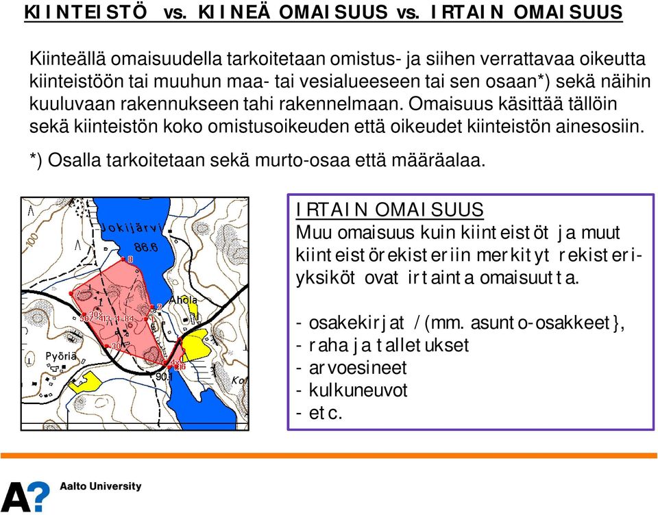 sekä näihin kuuluvaan rakennukseen tahi rakennelmaan. Omaisuus käsittää tällöin sekä kiinteistön koko omistusoikeuden että oikeudet kiinteistön ainesosiin.