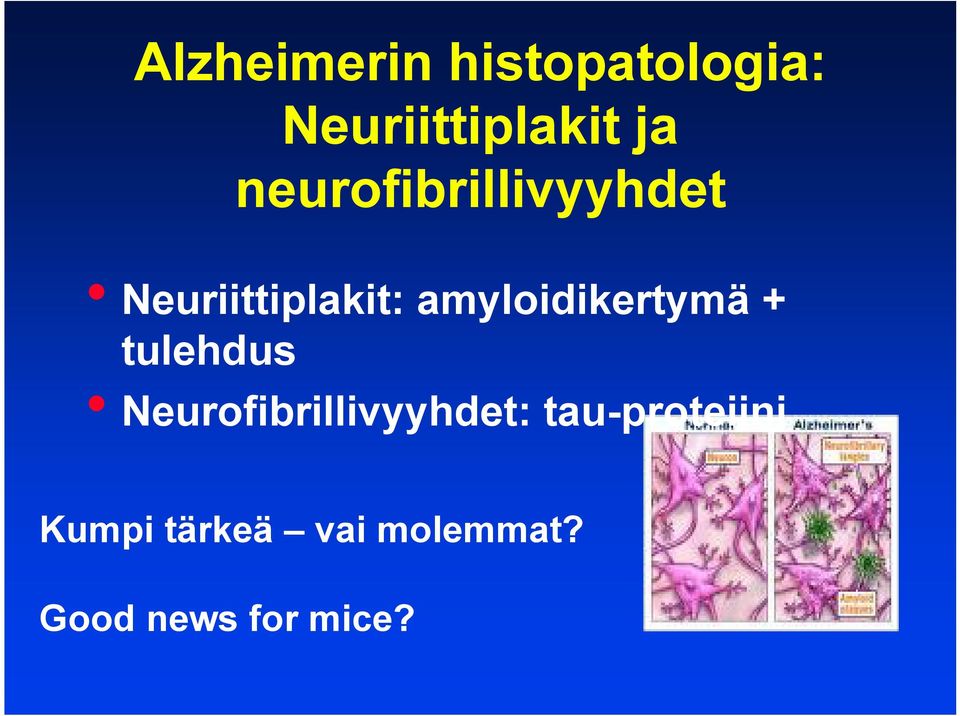 amyloidikertymä + tulehdus Neurofibrillivyyhdet: