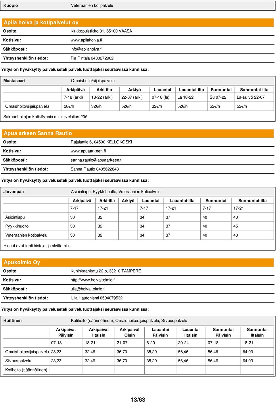 kotikäynnin minimiveloitus 20 Apua arkeen Sanna Rautio Rajalantie 6, 04500 KELLOKOSKI www.apuaarkeen.fi sanna.rautio@apuaarkeen.