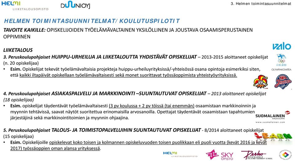 Opiskelijat tekevät työelämävaltaisia projekteja huippu urheiluyrityksissä/ yhteisössä osana opintoja esimerkiksi siten, että kaikki iltapäivät opiskellaan työelämävaltaisesti sekä monet suorittavat