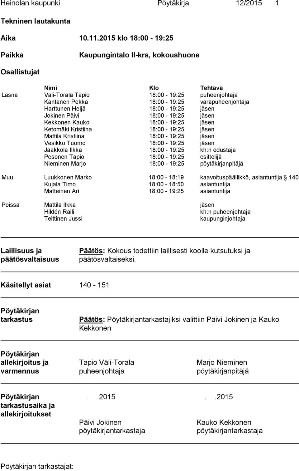 Heljä 18:00-19:25 jäsen Jokinen Päivi 18:00-19:25 jäsen Kekkonen Kauko 18:00-19:25 jäsen Ketomäki Kristiina 18:00-19:25 jäsen Mattila Kristiina 18:00-19:25 jäsen Vesikko Tuomo 18:00-19:25 jäsen