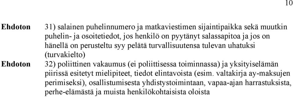 (ei poliittisessa toiminnassa) ja yksityiselämän piirissä esitetyt mielipiteet, tiedot elintavoista (esim.