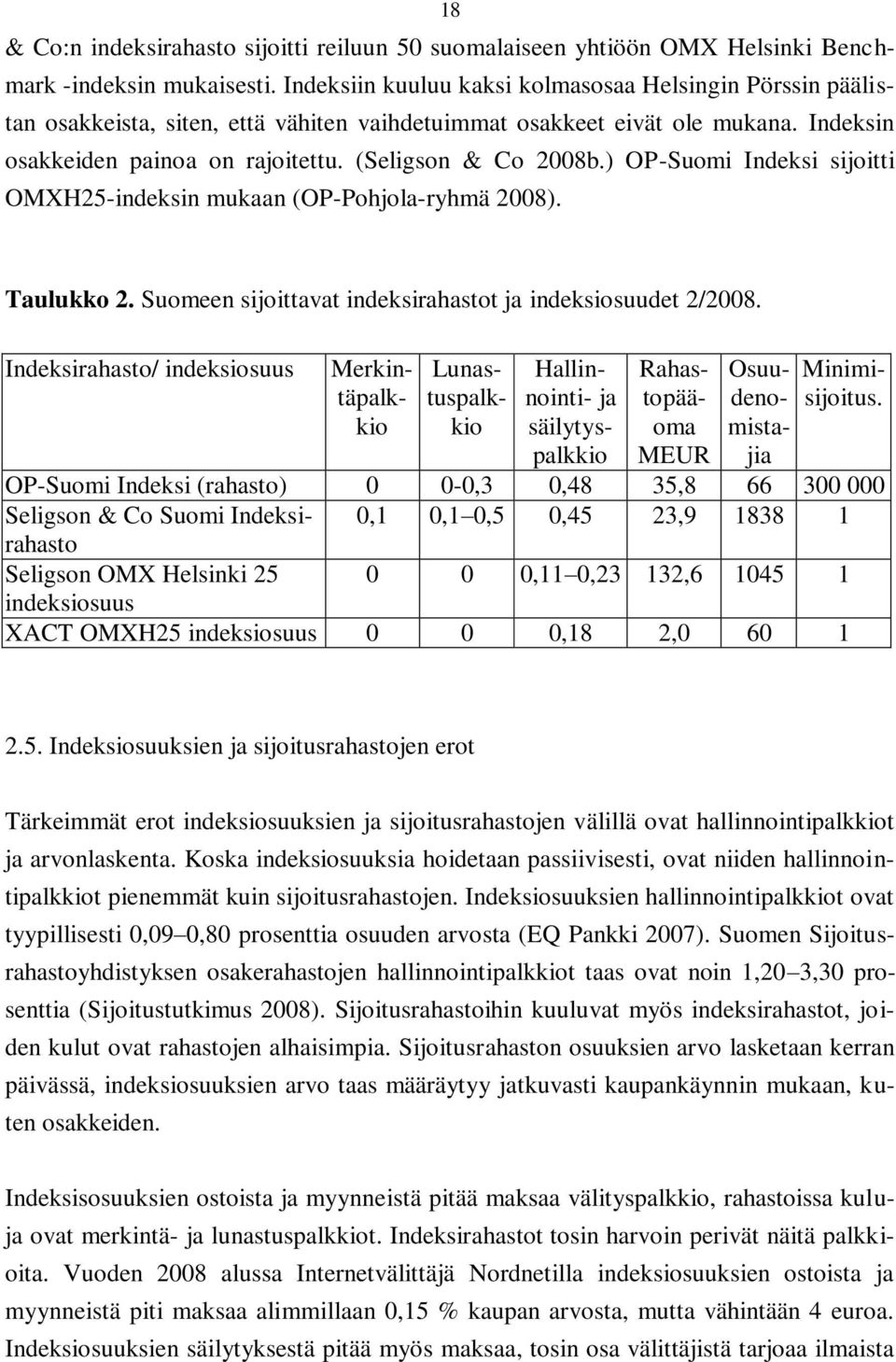 ) OP-Suomi Indeksi sijoitti OMXH25-indeksin mukaan (OP-Pohjola-ryhmä 2008). Taulukko 2. Suomeen sijoittavat indeksirahastot ja indeksiosuudet 2/2008.