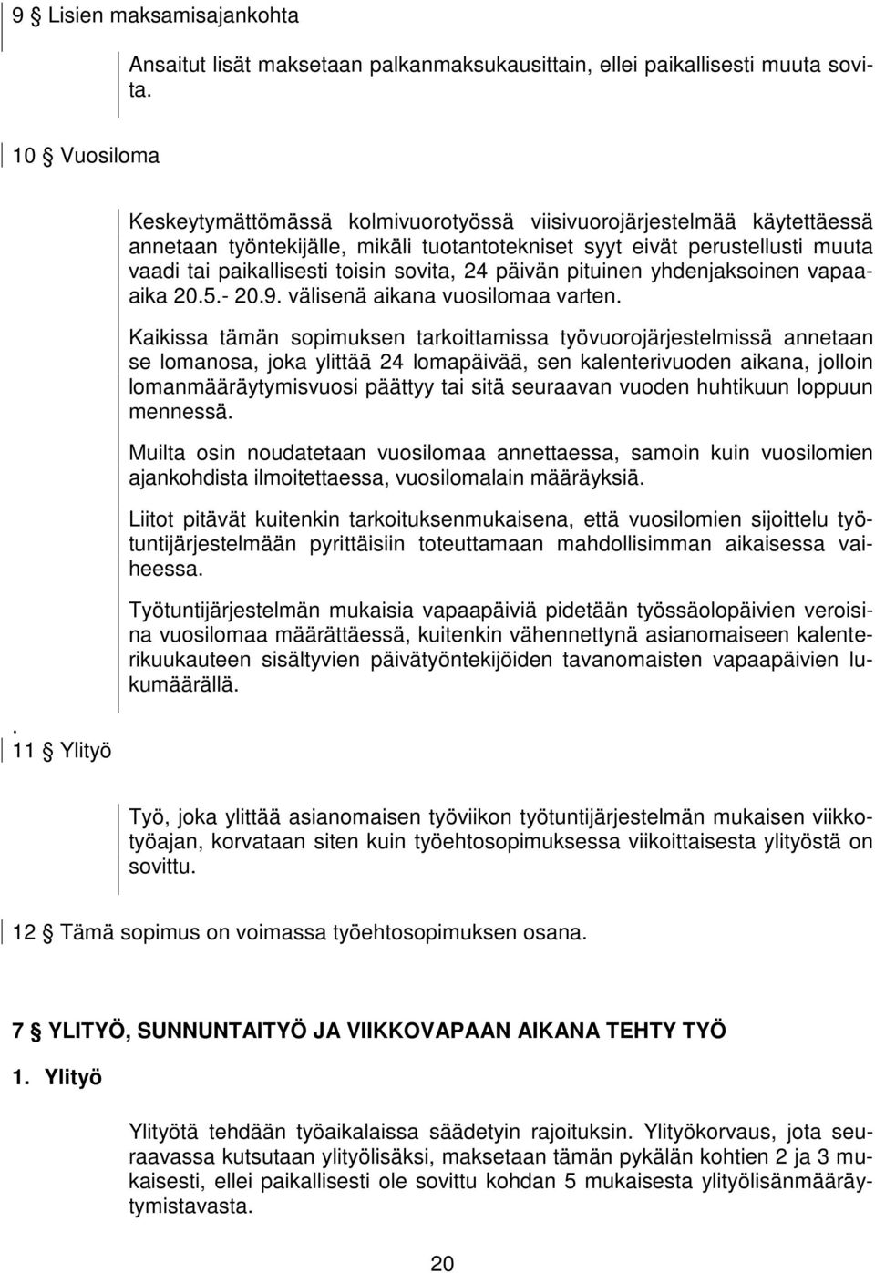 24 päivän pituinen yhdenjaksoinen vapaaaika 20.5.- 20.9. välisenä aikana vuosilomaa varten.