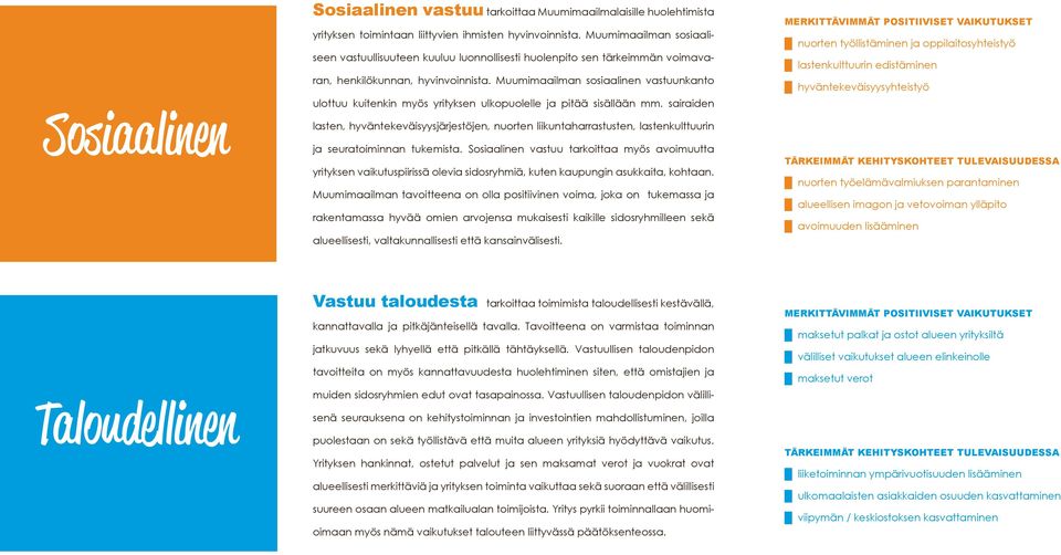 Muumimaailman sosiaalinen vastuunkanto ulottuu kuitenkin myös yrityksen ulkopuolelle ja pitää sisällään mm.