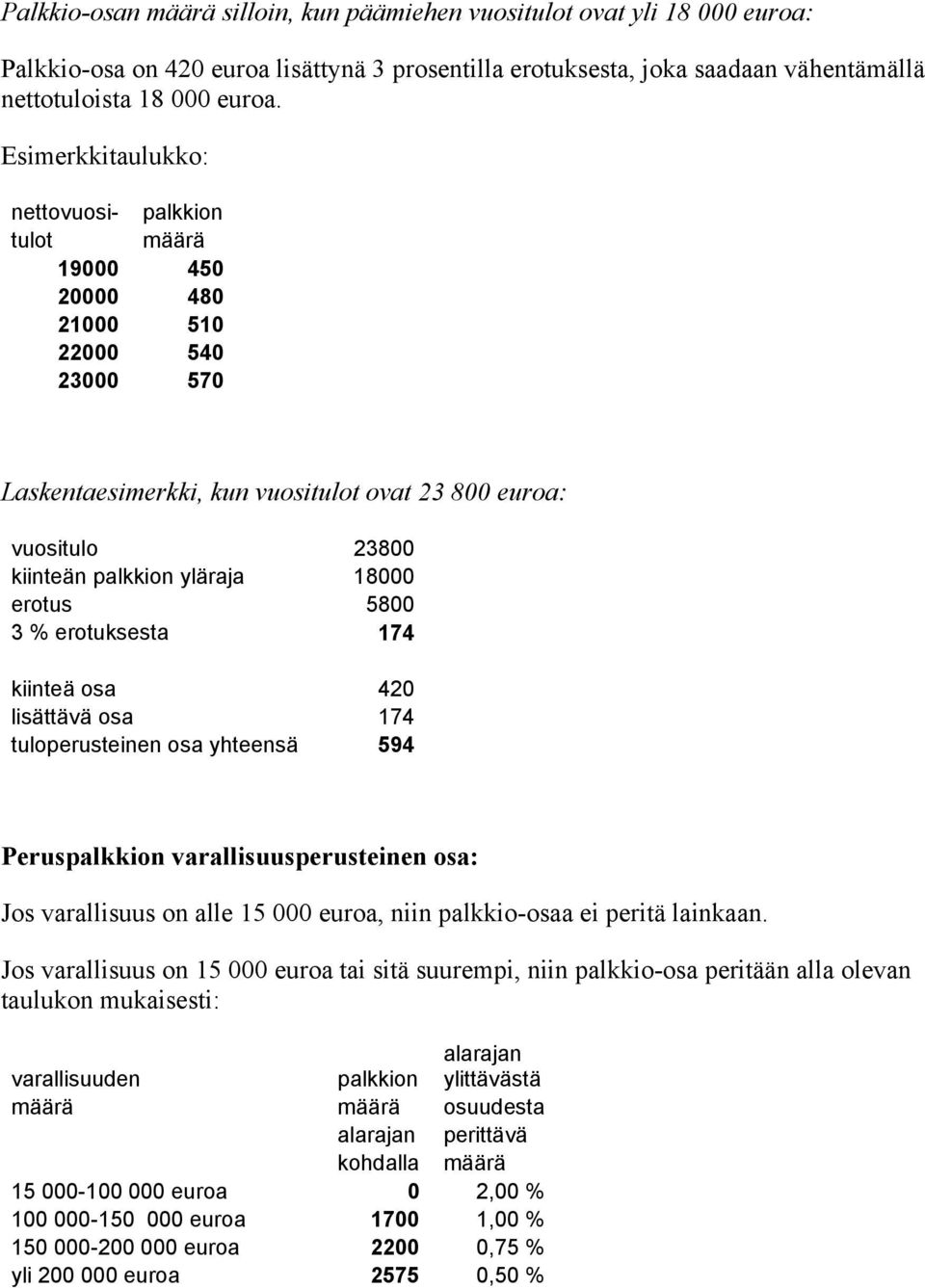 18000 erotus 5800 3 % erotuksesta 174 kiinteä osa 420 lisättävä osa 174 tuloperusteinen osa yhteensä 594 Peruspalkkion varallisuusperusteinen osa: Jos varallisuus on alle 15 000 euroa, niin