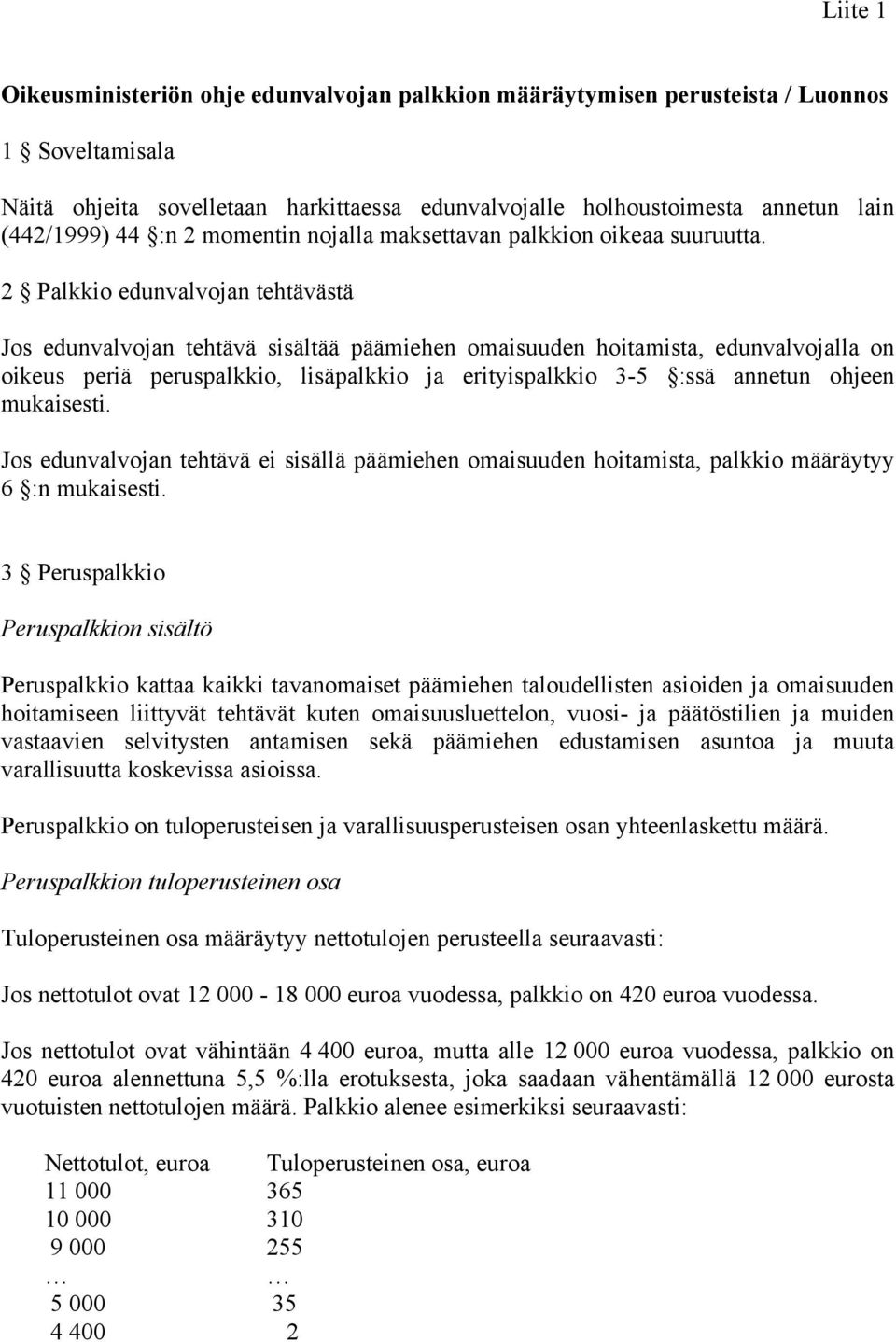 2 Palkkio edunvalvojan tehtävästä Jos edunvalvojan tehtävä sisältää päämiehen omaisuuden hoitamista, edunvalvojalla on oikeus periä peruspalkkio, lisäpalkkio ja erityispalkkio 3-5 :ssä annetun ohjeen
