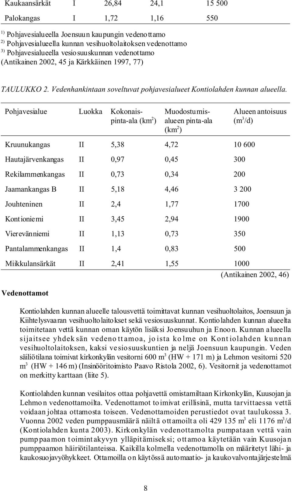 Pohjavesialue Luokka Kokonaispinta-ala (km 2 ) Muodostumisalueen pinta-ala (km 2 ) Alueen antoisuus (m 3 /d) Kruunukangas II 5,38 4,72 10 600 Hautajärvenkangas II 0,97 0,45 300 Rekilammenkangas II