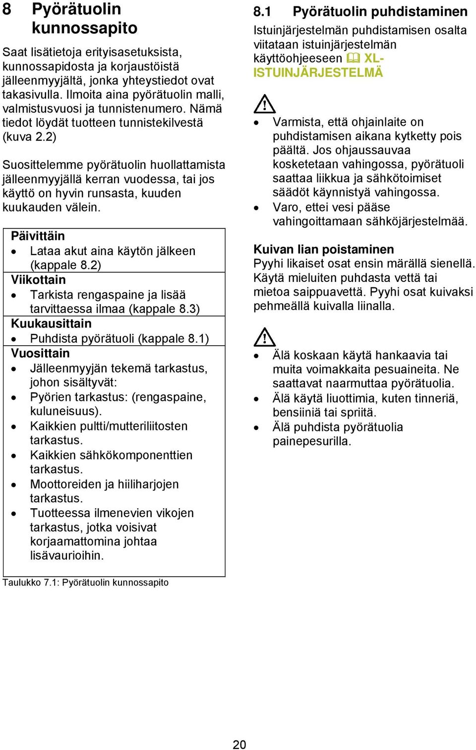 2) Suosittelemme pyörätuolin huollattamista jälleenmyyjällä kerran vuodessa, tai jos käyttö on hyvin runsasta, kuuden kuukauden välein. Päivittäin Lataa akut aina käytön jälkeen (kappale 8.