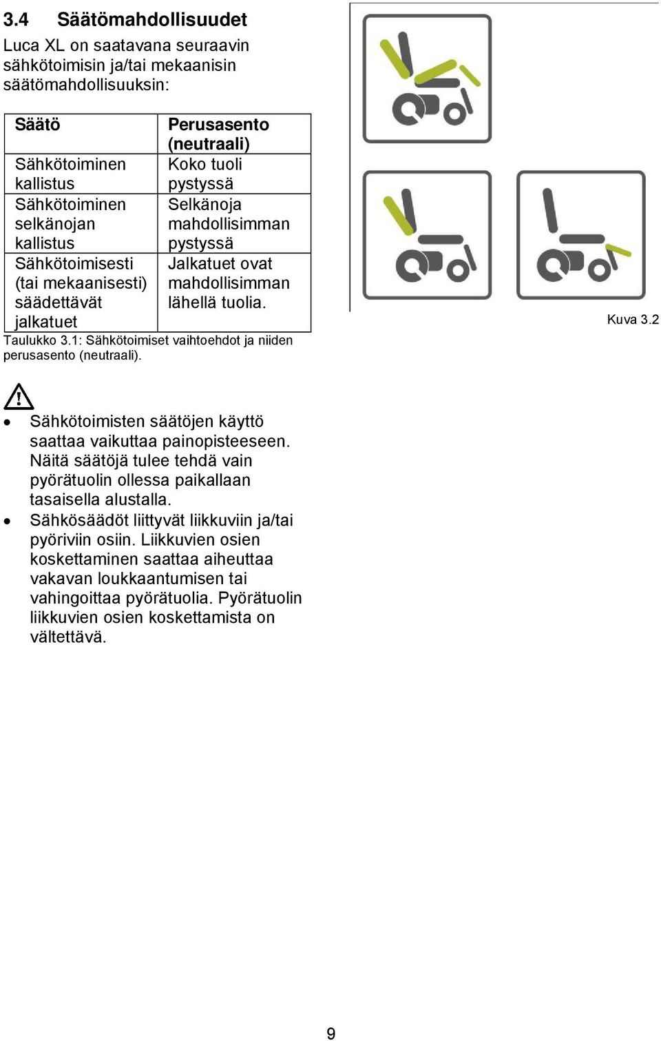 1: Sähkötoimiset vaihtoehdot ja niiden perusasento (neutraali). Kuva 3.2 Sähkötoimisten säätöjen käyttö saattaa vaikuttaa painopisteeseen.