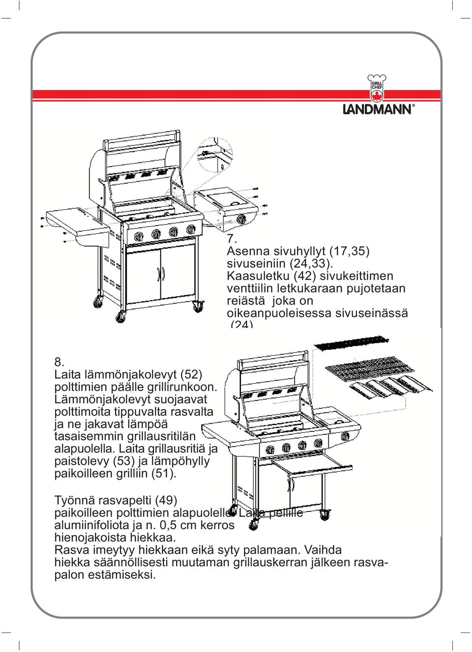 Lämmönjakolevyt suojaavat polttimoita tippuvalta rasvalta ja ne jakavat lämpöä tasaisemmin grillausritilän alapuolella.