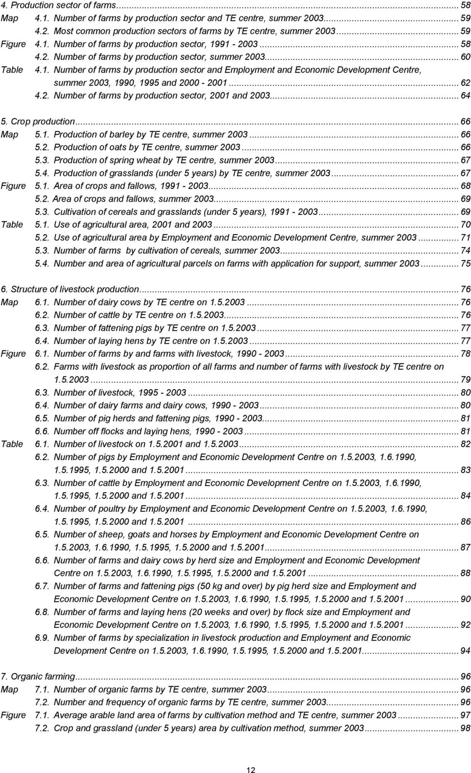 ..62 4.2. Number of farms by production sector, 2001 and 2003...64 5. Crop production...66 Map 5.1. Production of barley by TE centre, summer 2003...66 5.2. Production of oats by TE centre, summer 2003.