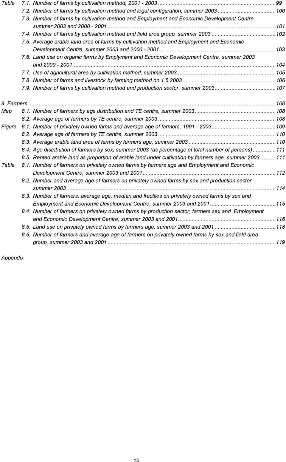 Average arable land area of farms by cultivation method and Employment and Economic Development Centre, summer 2003 and 2000-2001...103 7.6.