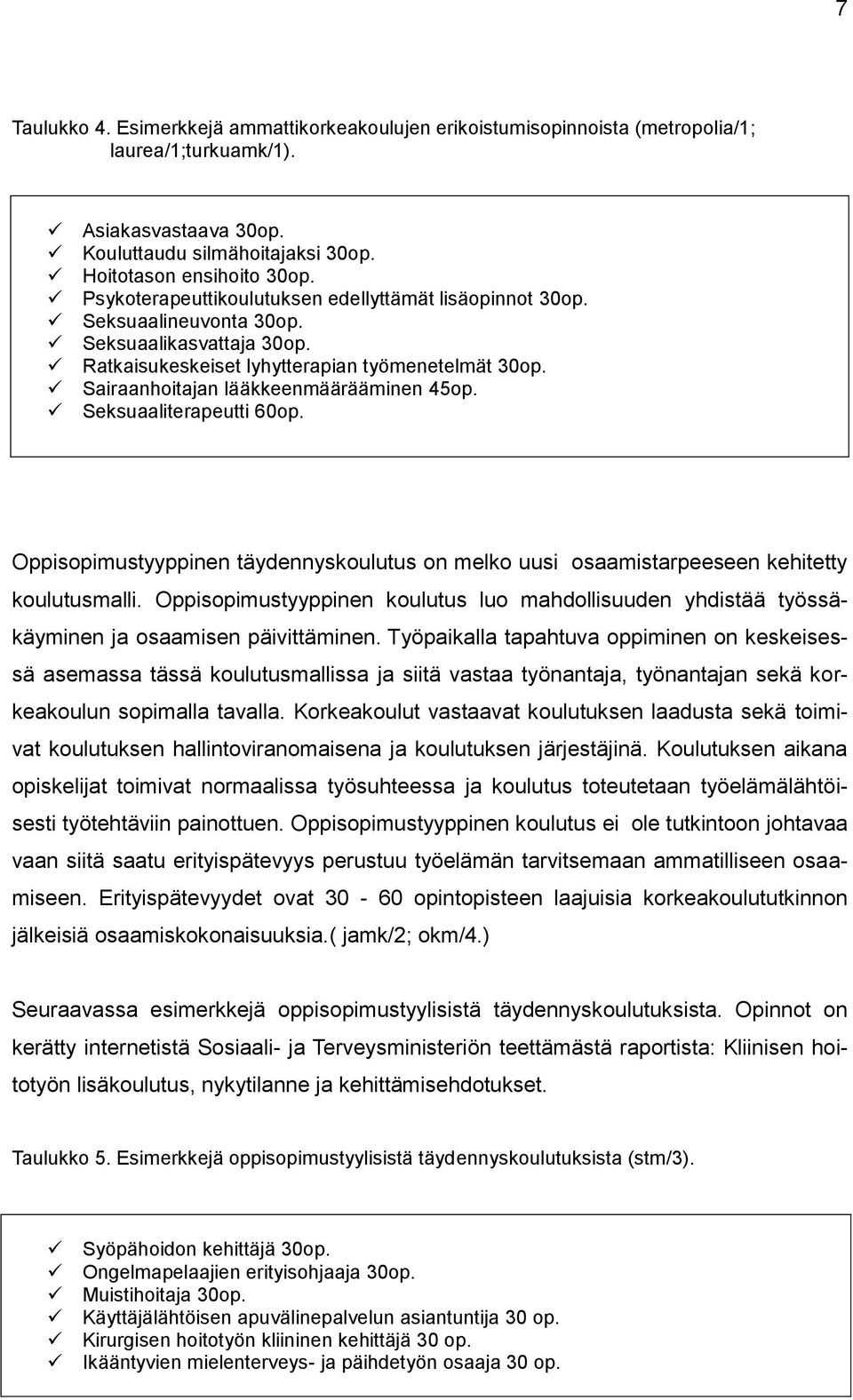 Sairaanhoitajan lääkkeenmäärääminen 45op. Seksuaaliterapeutti 60op. Oppisopimustyyppinen täydennyskoulutus on melko uusi osaamistarpeeseen kehitetty koulutusmalli.