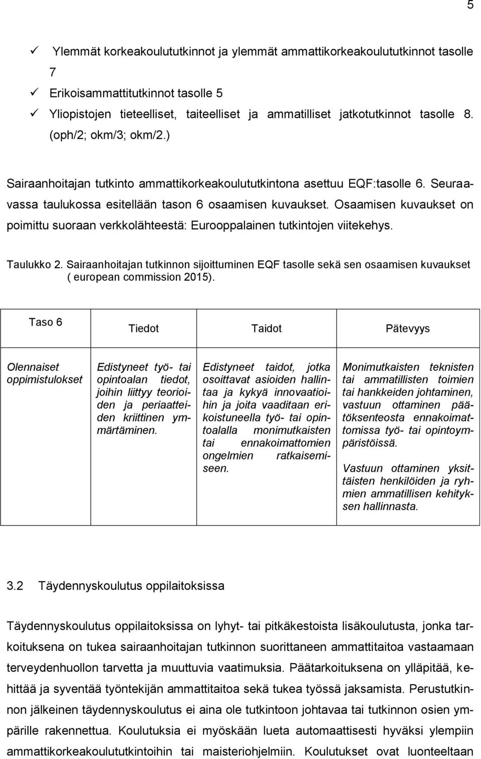 Osaamisen kuvaukset on poimittu suoraan verkkolähteestä: Eurooppalainen tutkintojen viitekehys. Taulukko 2.