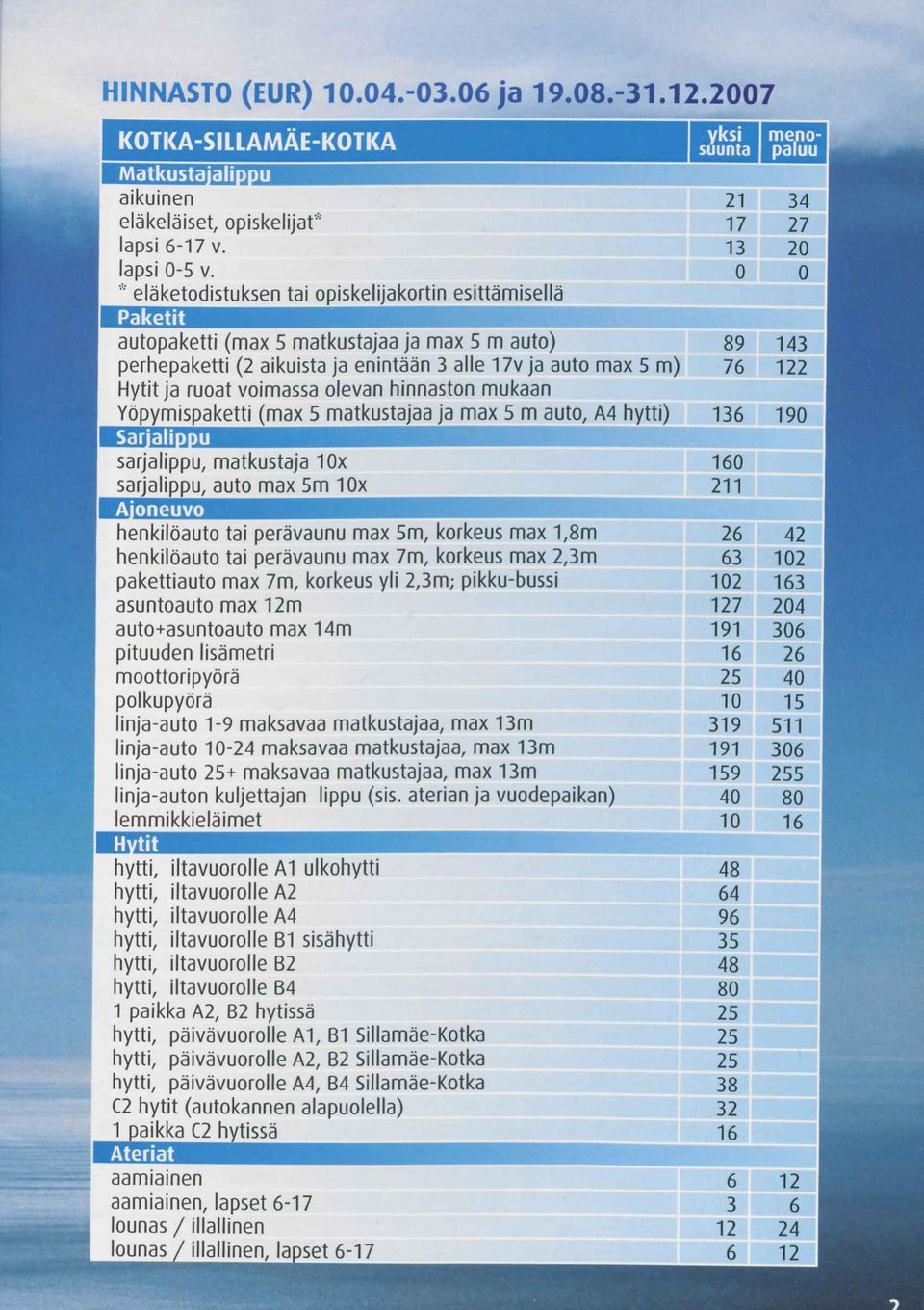 olevan hinnaston mukaan Yöpymispaketti (max 5 matkustajaa ja max 5 m auto, A4 hytti) SarialiDDU sarjalippu, matkustaja 10x sarjalippu, auto max 5m 10x Aioneuvo henkilöauto tai perävaunu max 5m,