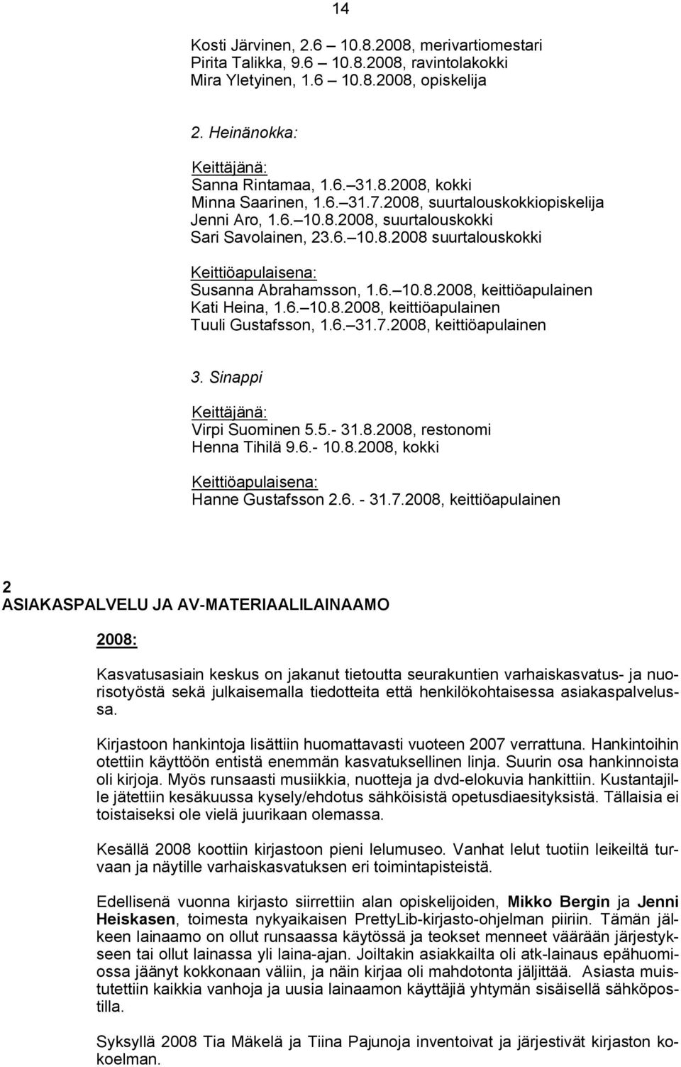 6. 10.8.2008, keittiöapulainen Tuuli Gustafsson, 1.6. 31.7.2008, keittiöapulainen 3. Sinappi Keittäjänä: Virpi Suominen 5.5. 31.8.2008, restonomi Henna Tihilä 9.6. 10.8.2008, kokki Keittiöapulaisena: Hanne Gustafsson 2.