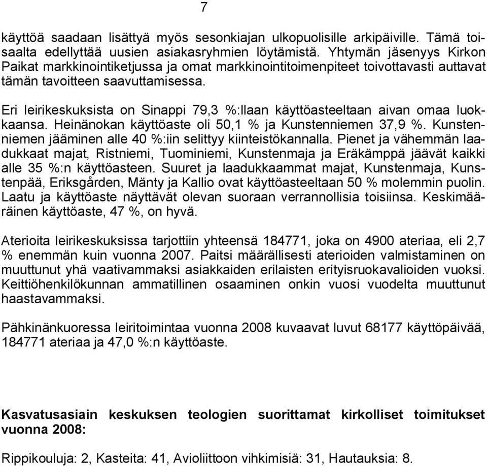 Eri leirikeskuksista on Sinappi 79,3 %:llaan käyttöasteeltaan aivan omaa luokkaansa. Heinänokan käyttöaste oli 50,1 % ja Kunstenniemen 37,9 %.