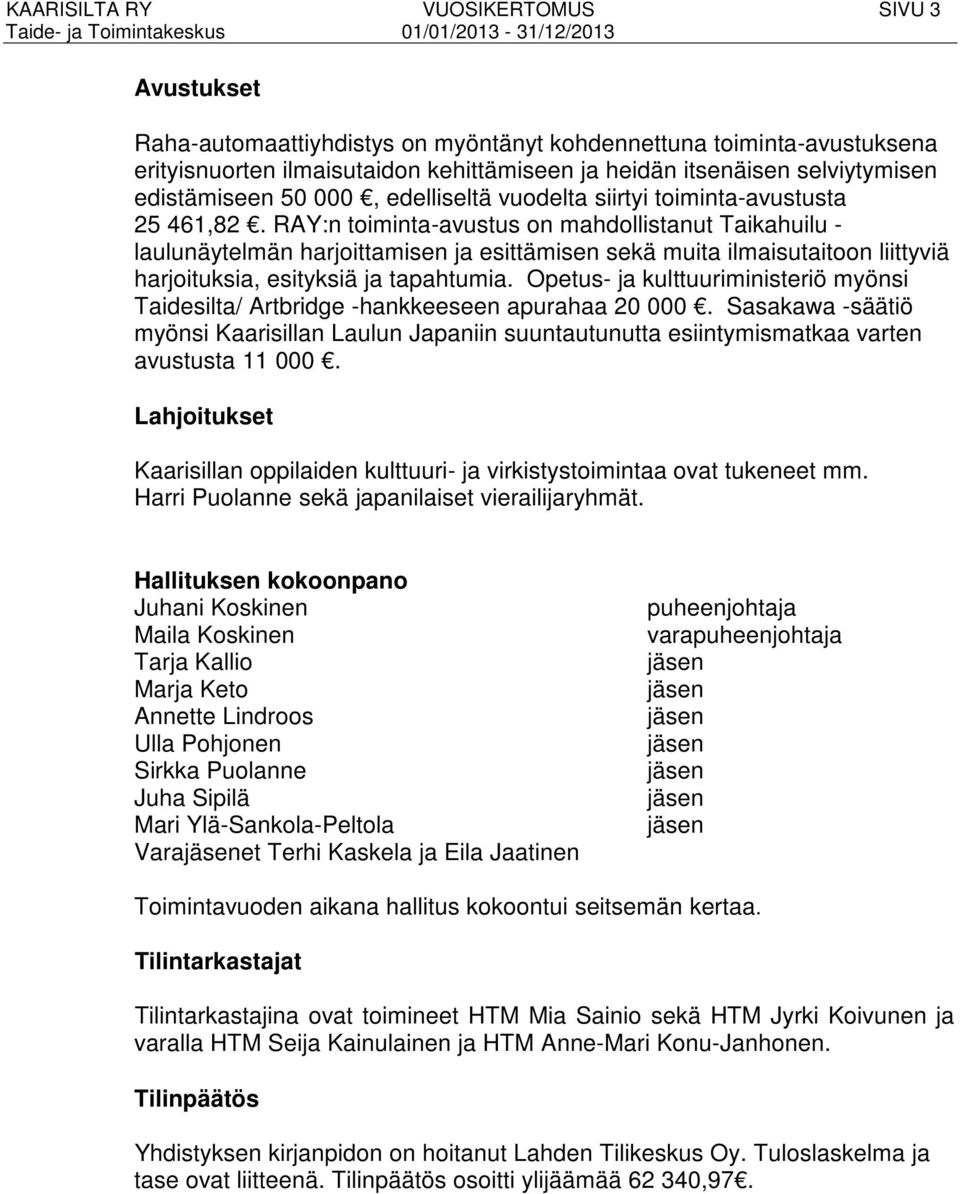 RAY:n toiminta-avustus on mahdollistanut Taikahuilu - laulunäytelmän harjoittamisen ja esittämisen sekä muita ilmaisutaitoon liittyviä harjoituksia, esityksiä ja tapahtumia.