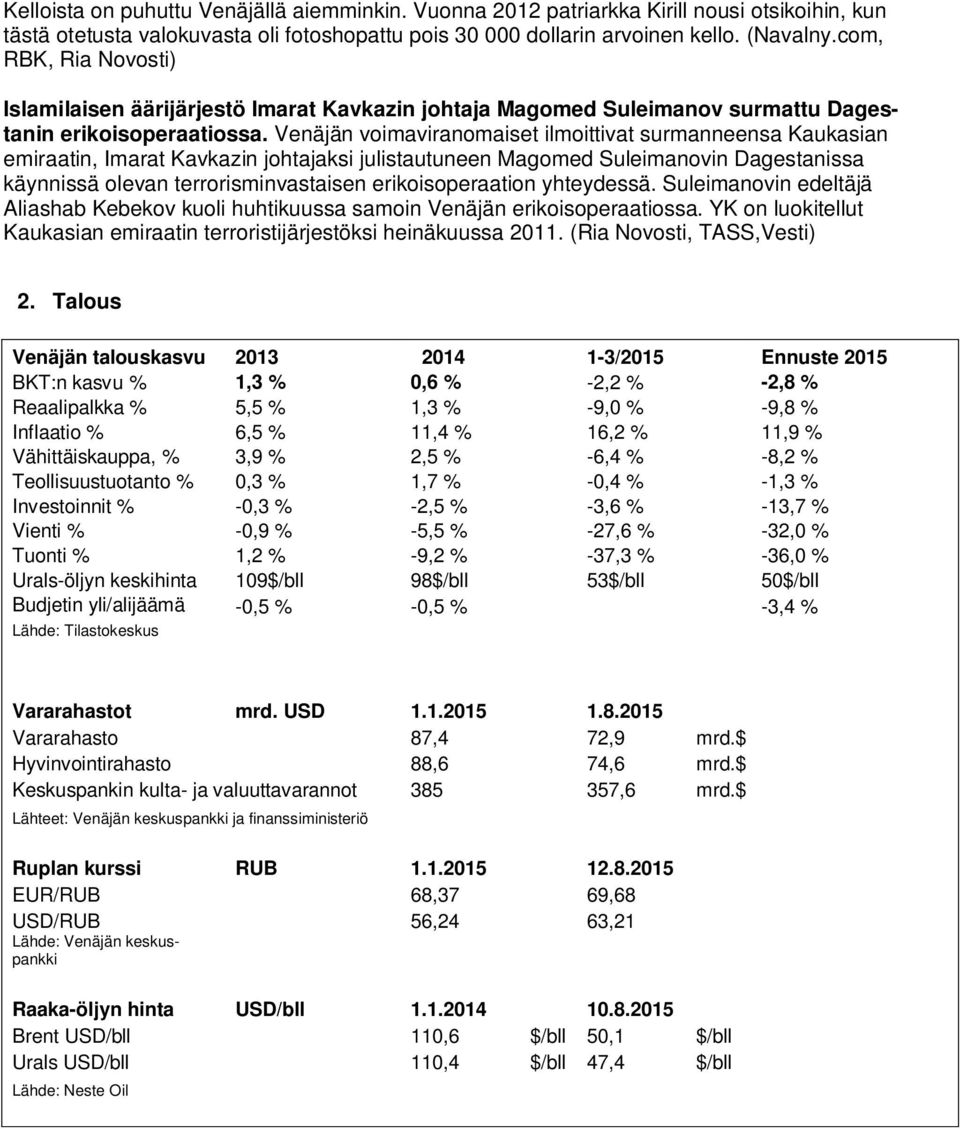 Venäjän voimaviranomaiset ilmoittivat surmanneensa Kaukasian emiraatin, Imarat Kavkazin johtajaksi julistautuneen Magomed Suleimanovin Dagestanissa käynnissä olevan terrorisminvastaisen