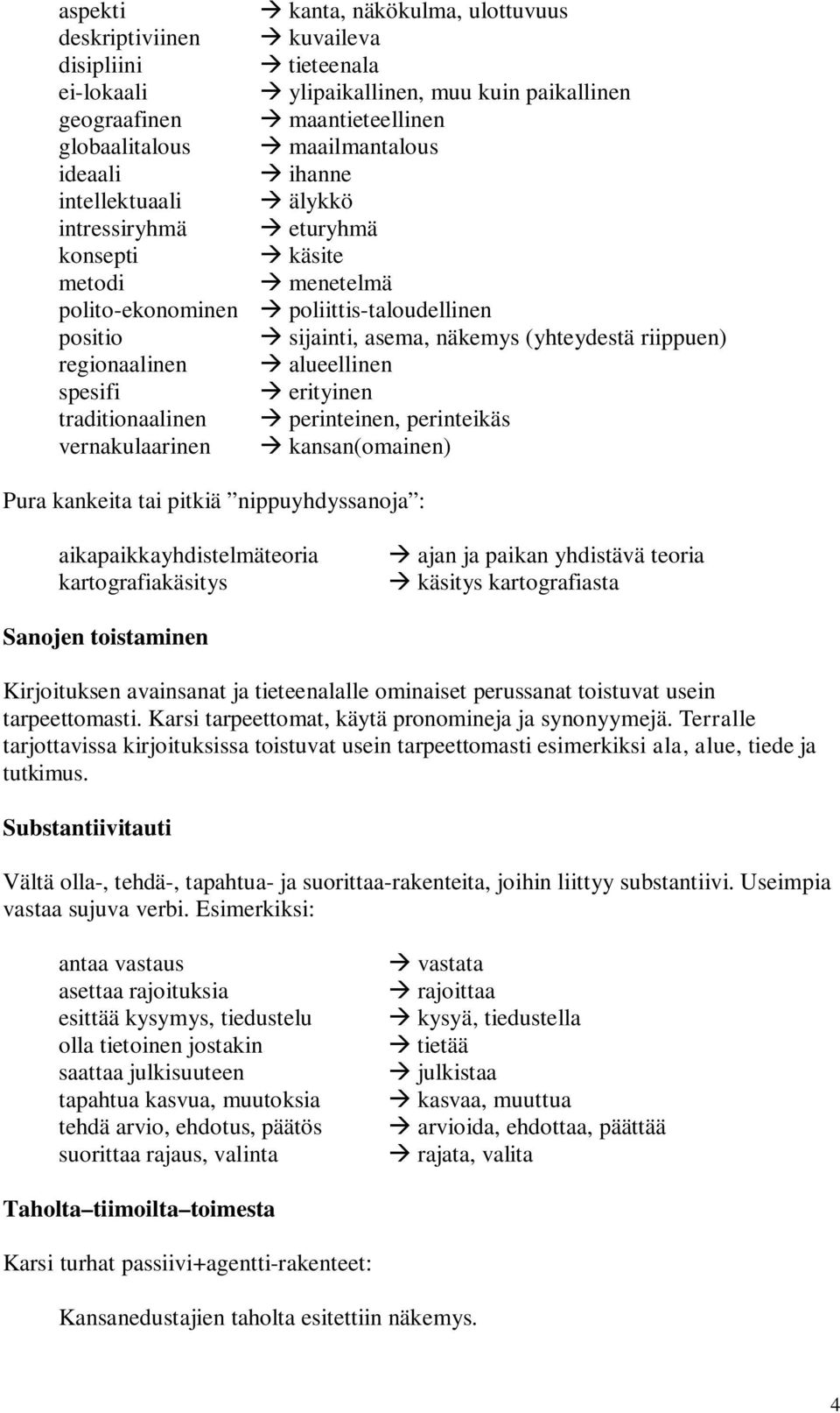 sijainti, asema, näkemys (yhteydestä riippuen) alueellinen erityinen perinteinen, perinteikäs kansan(omainen) Pura kankeita tai pitkiä nippuyhdyssanoja : aikapaikkayhdistelmäteoria kartografiakäsitys