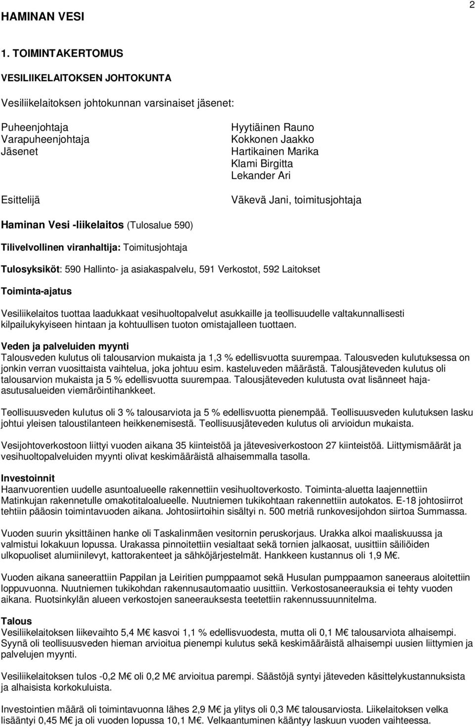 Marika Klami Birgitta Lekander Ari Väkevä Jani, toimitusjohtaja Haminan Vesi -liikelaitos (Tulosalue 590) Tilivelvollinen viranhaltija: Toimitusjohtaja Tulosyksiköt: 590 Hallinto- ja asiakaspalvelu,