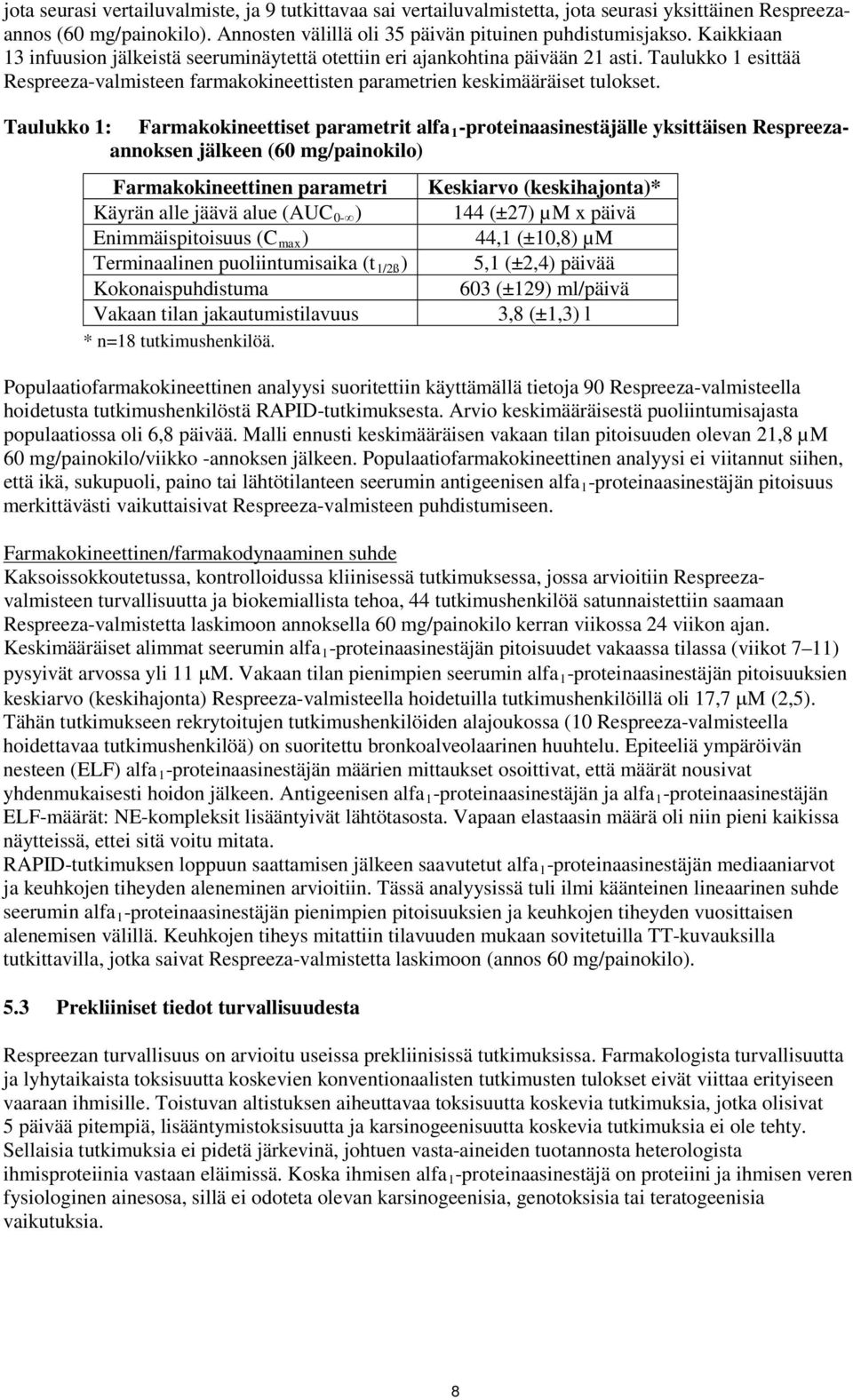 Taulukko 1: Farmakokineettiset parametrit alfa 1 -proteinaasinestäjälle yksittäisen Respreezaannoksen jälkeen (60 mg/painokilo) Farmakokineettinen parametri Keskiarvo (keskihajonta)* Käyrän alle