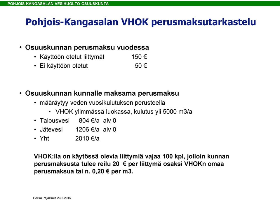 kulutus yli 5000 m3/a Talousvesi 804 /a alv 0 Jätevesi 1206 /a alv 0 Yht 2010 /a VHOK:lla on käytössä olevia liittymiä